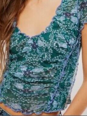 Free People FP Oh My Baby Tee Green Floral Seagrass Pattern